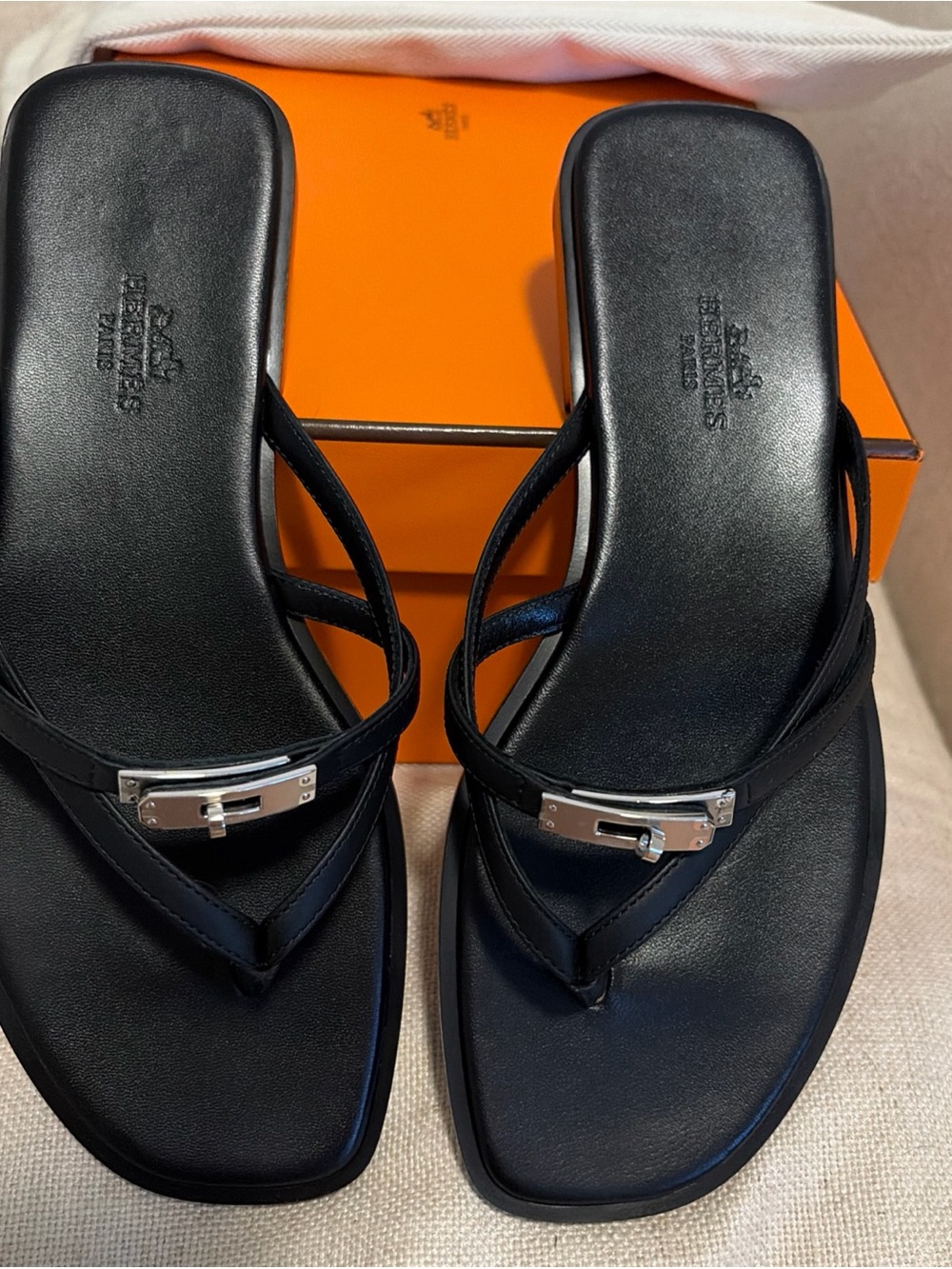 Hermes Miss Sandal with Silver Hardware Black Leather Thong sandals